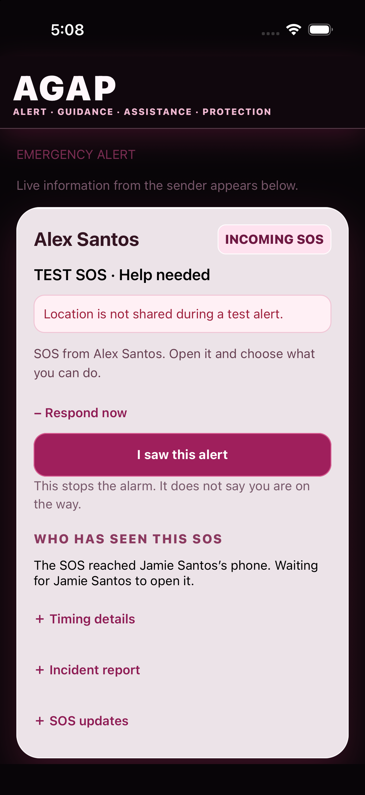 AGAP incoming emergency alert screen