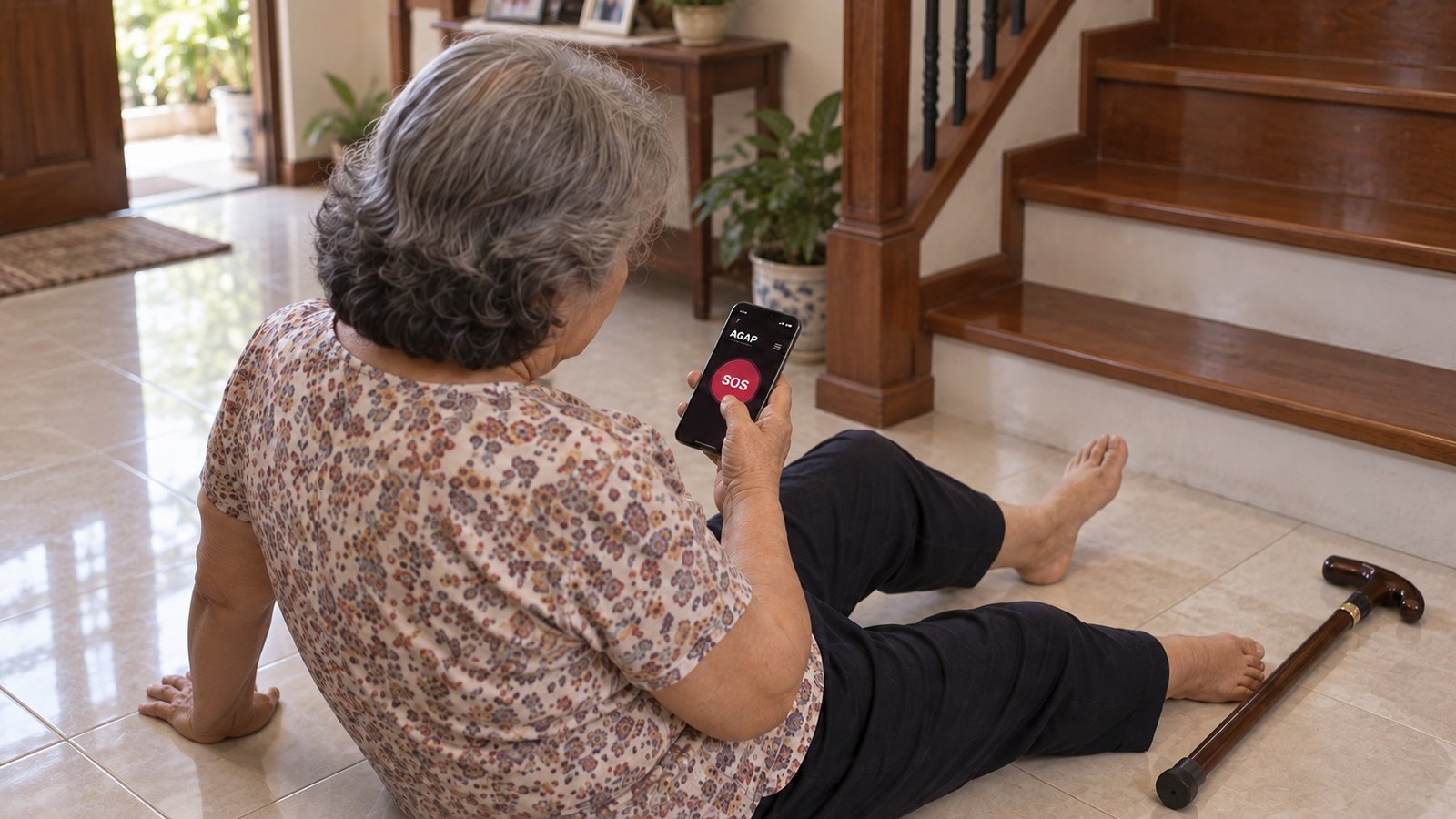 A senior citizen seated near the bottom of the stairs using AGAP after a fall